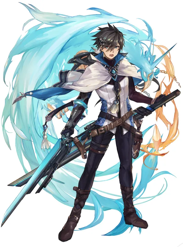 Anime-style illustration of a young man with blue hair and black and blue clothes, holding