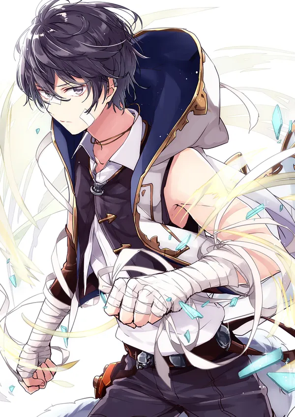 Anime-style illustration of a young man with dark hair and purple eyes. He is wearing