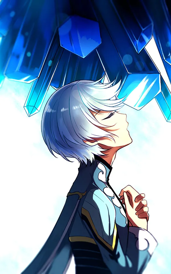 Anime-style illustration of a young man with white hair and blue eyes, looking up at