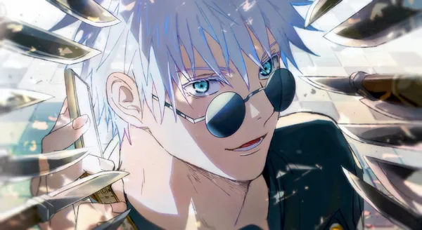 Anime-style illustration of a young man with white hair and blue eyes, wearing sunglasses