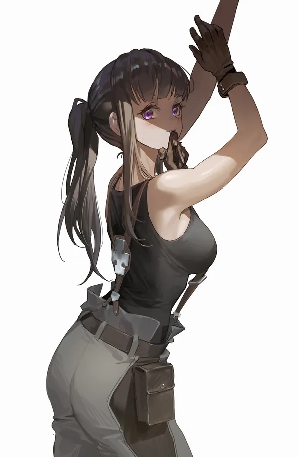 Anime-style illustration of a young woman in a black tank top and gray pants