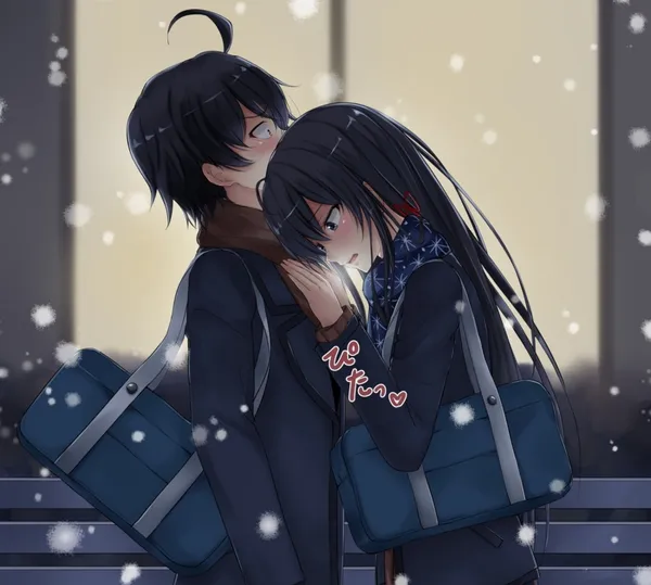 Animes boy and girl with black hair are standing close to each other