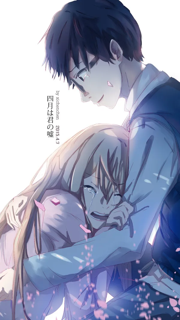 Animes characters with tears in their eyes, hugging each other