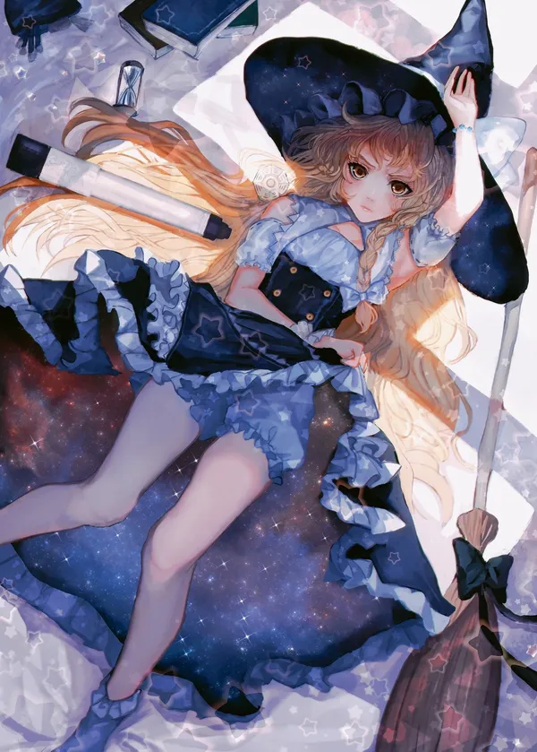 Animes girl with long blonde hair wearing a witch hat laying on a galaxy-like surface