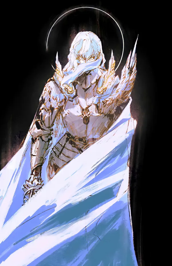 Armored figure with white hair and a glowing halo stands in the darkness