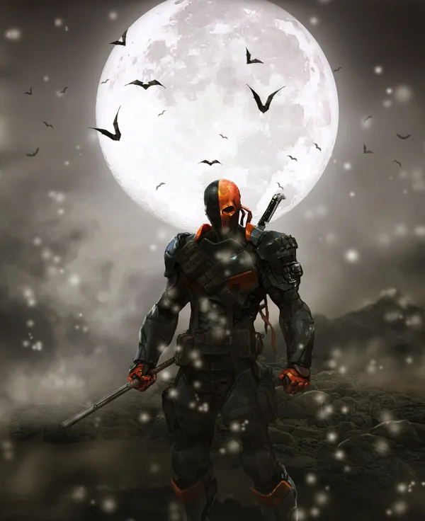 Armored man with a gun standing on a snowy field with a full moon in