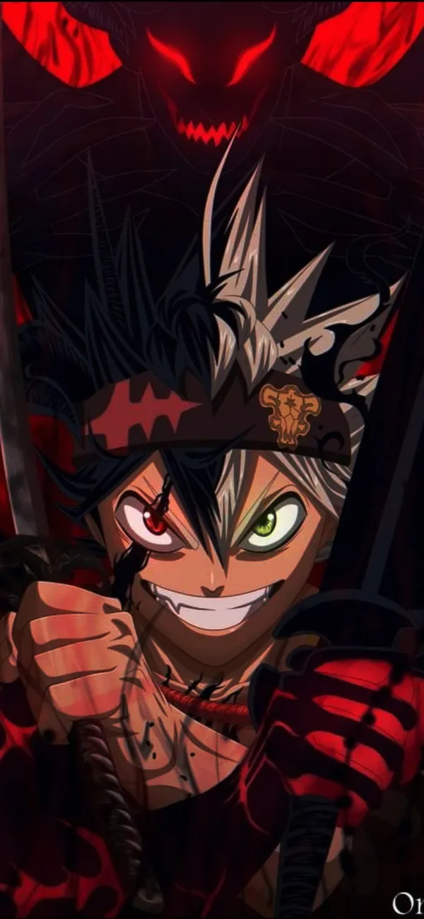 Asta, a少年wielding two swords, is in a dark place with a creature with red eyes