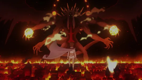 Asta is standing in front of a giant monster with a dark background
