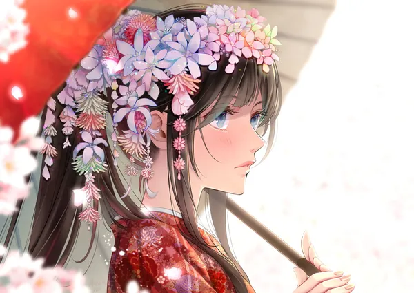 Beautiful anime girl with long black hair and blue eyes is wearing a kimono and