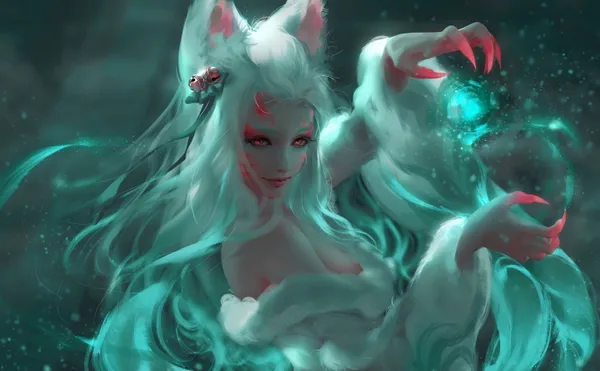 Beautiful woman with fox ears and white hair is shown in the photo