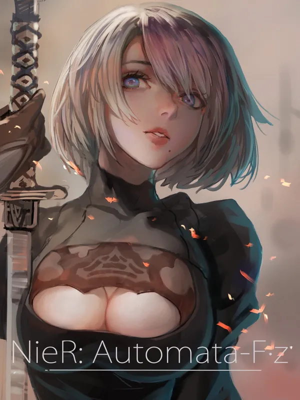 Beautiful woman with white hair and blue eyes, wearing a black dress, holding a sword