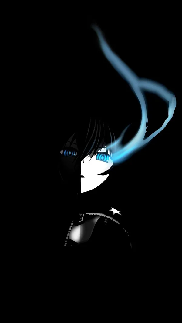 Black and blue anime character with glowing blue eyes and smoke