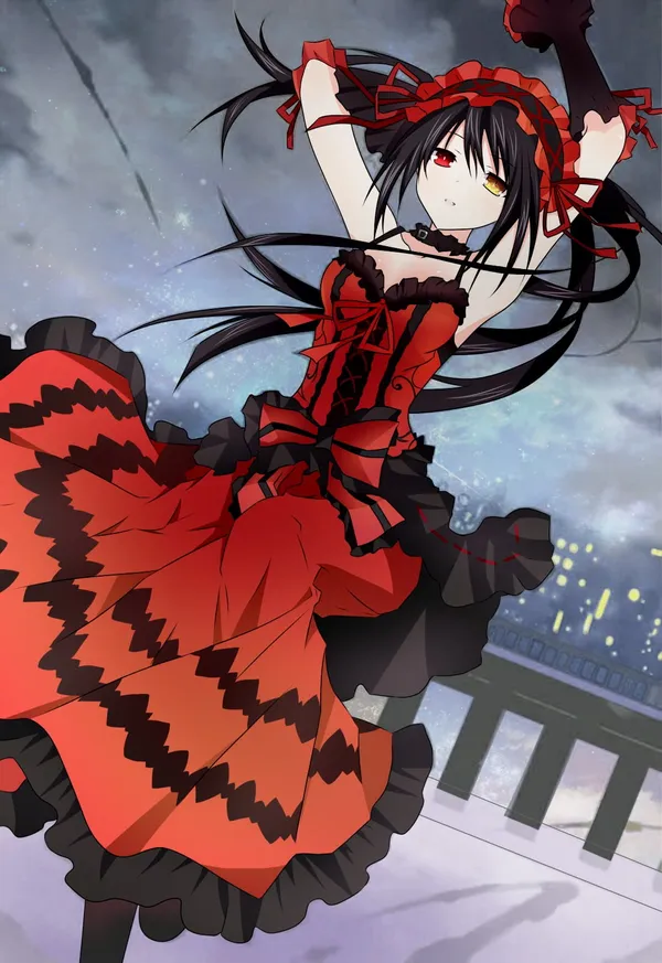 Black and red dress anime girl with long black hair