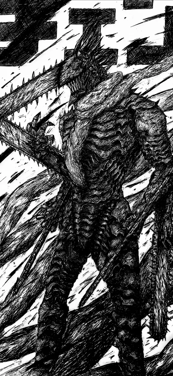 Black and white drawing of a character from Chainsaw Man