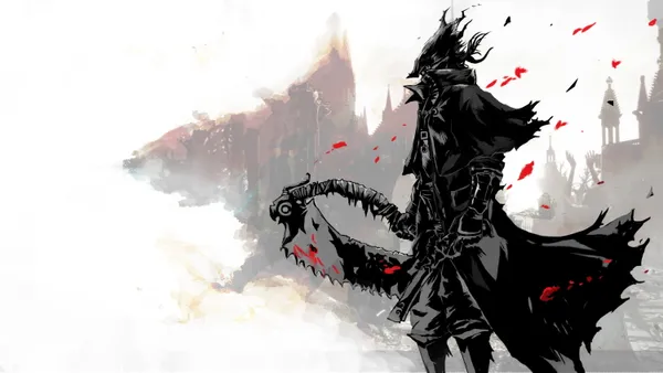 Black and white drawing of a hunter with a large saw-like weapon