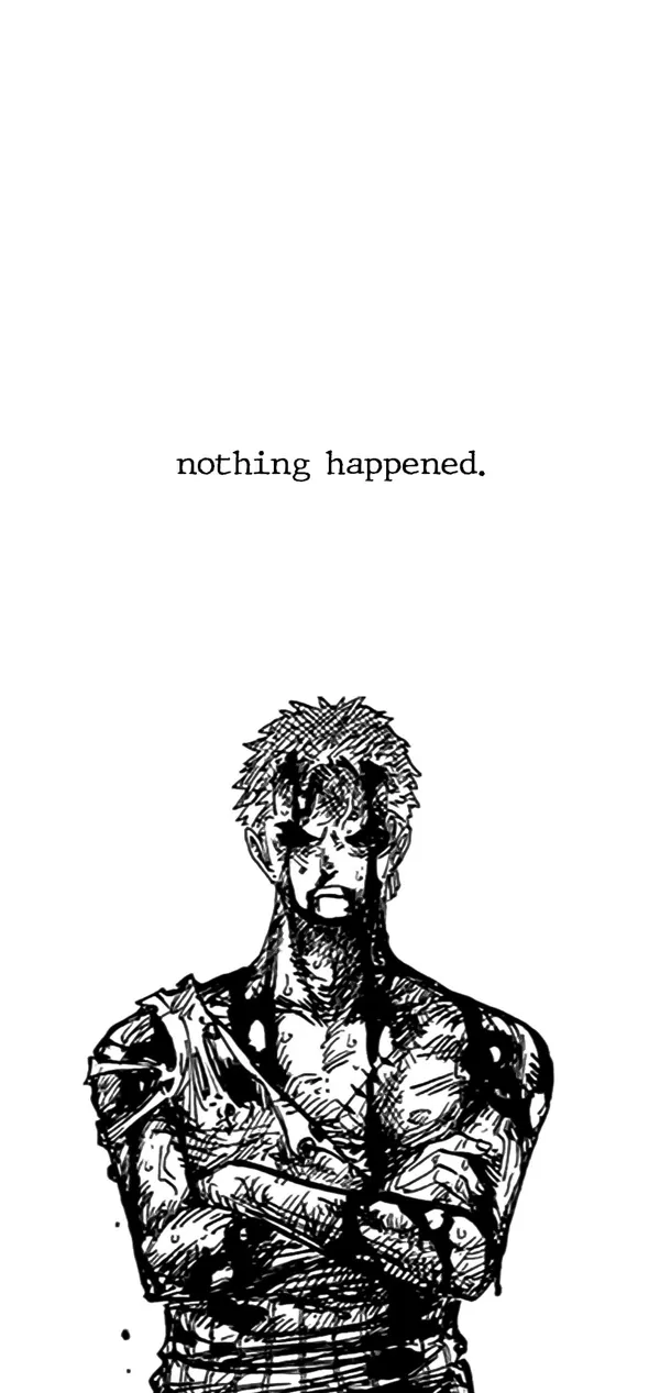 Black and white drawing of a man with scars on his face and chest, and