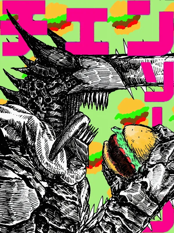 Black and white drawing of a monster eating a burger with a pink background and