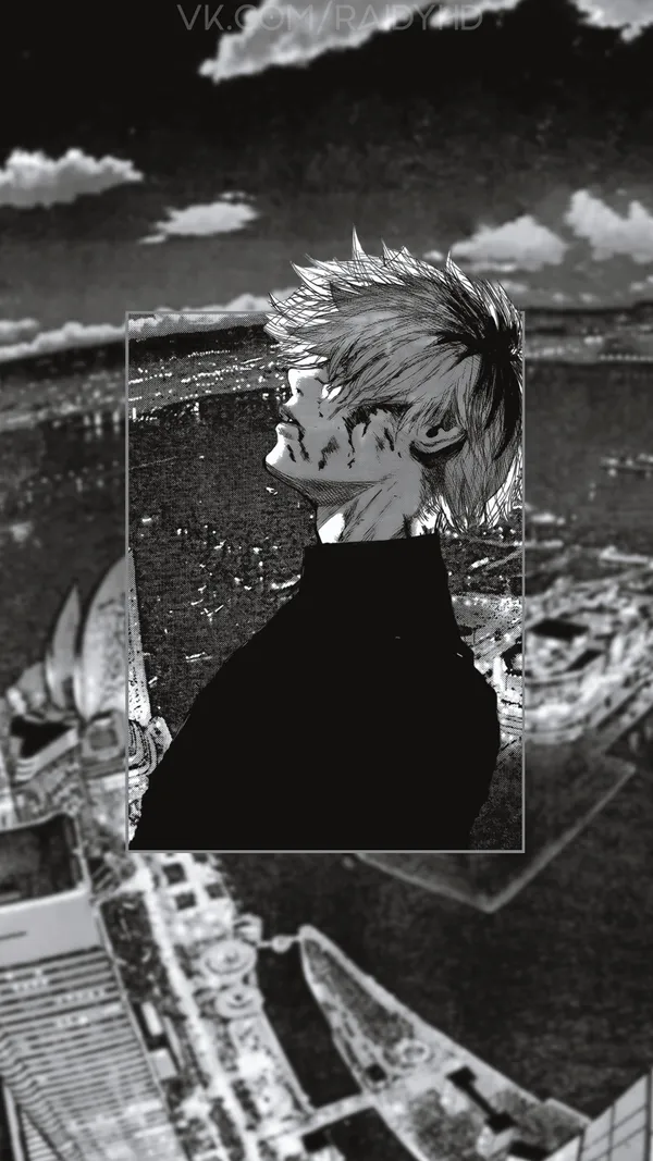 Black and white drawing of a person looking down at a city
