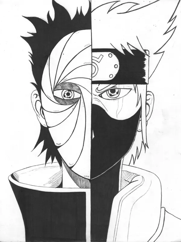 Black and white drawing of the anime characters Obito Uchiha and Kakashi Hatake