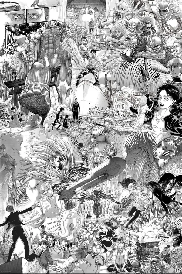 Black and white illustration of a battle scene from the manga series Attack on Titan