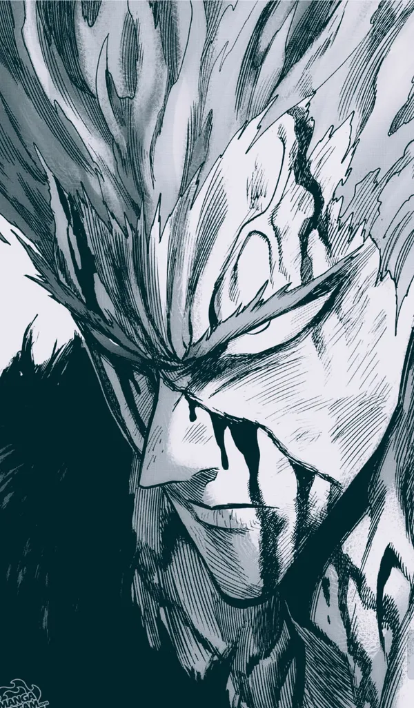 Black and white illustration of a man with spiky hair and scars on his face