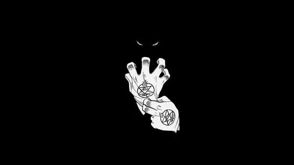 Black and white image of hands with symbols on them