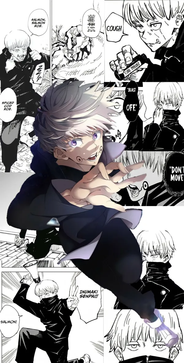 Black and white manga collage of a character from the Jujutsu Kaisen series