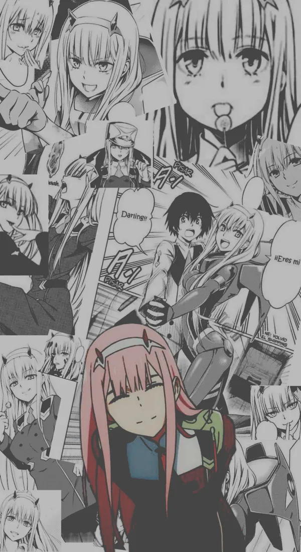 Black and white manga collage of Zero Two from Darling in the Franxx