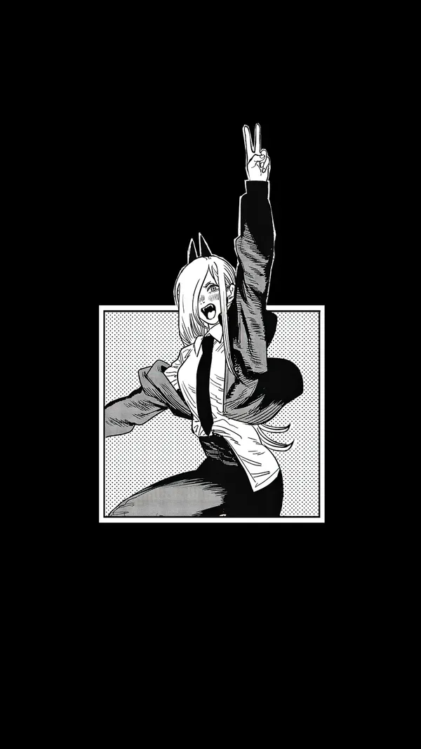 Black and white manga drawing of a girl in a suit making a peace sign