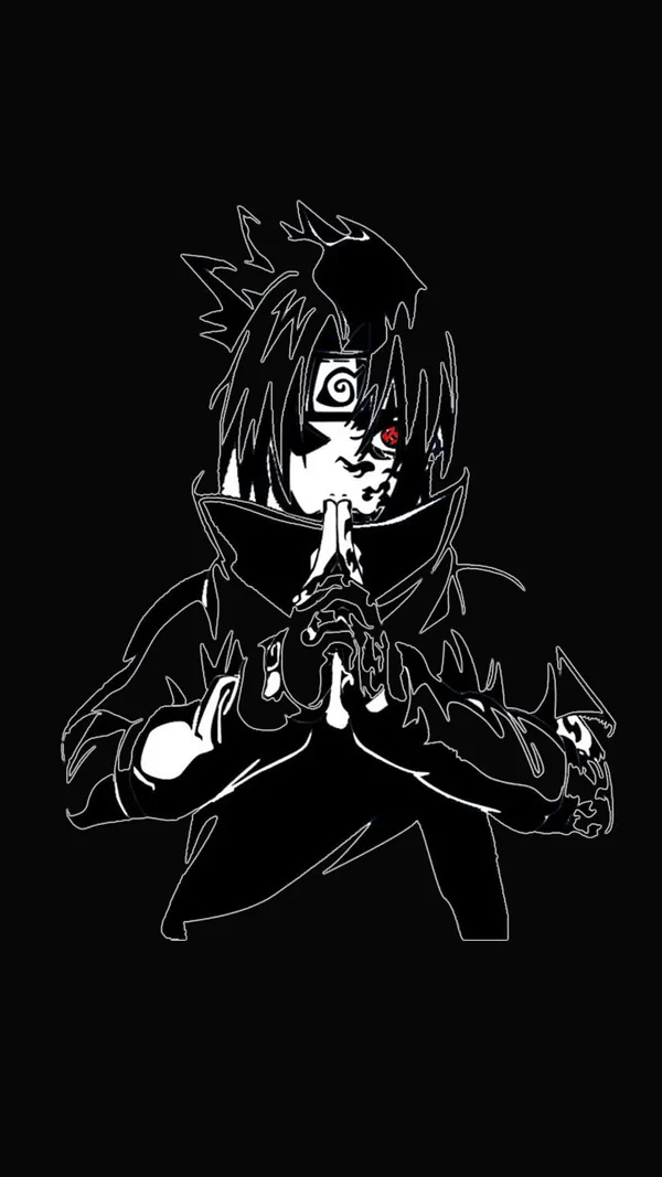 Black and white outline of Sasuke Uchiha from Naruto