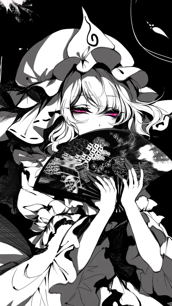 Black and white photo of a girl holding a fan