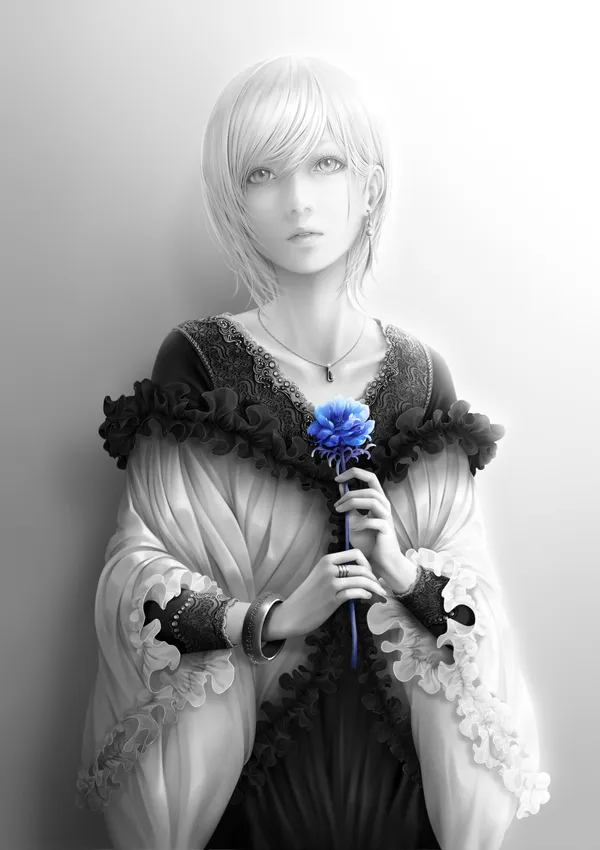 Black and white photo of a woman holding a blue rose