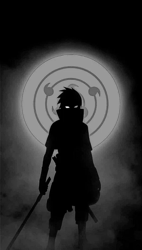 Black and white picture of an anime character with a mangekyo sharingan in the background