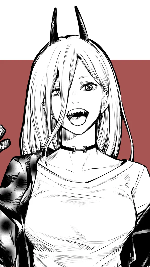 Black and white sketch of a young woman with devil horns