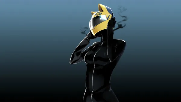 Black bodysuit, cat ears on yellow helmet, dark background