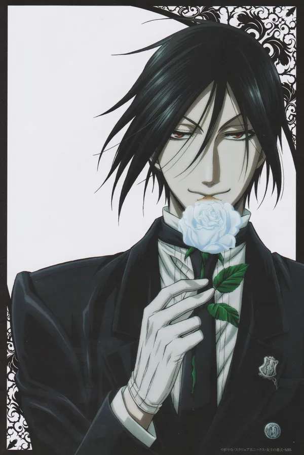 Black haired anime character with a white rose