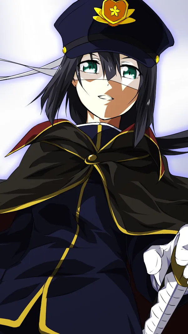 Black-haired anime girl in a military uniform with green eyes