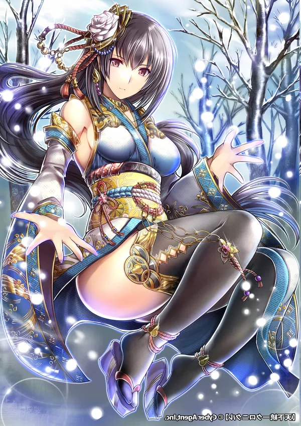 Black-haired anime girl in a white and blue kimono surrounded by snow