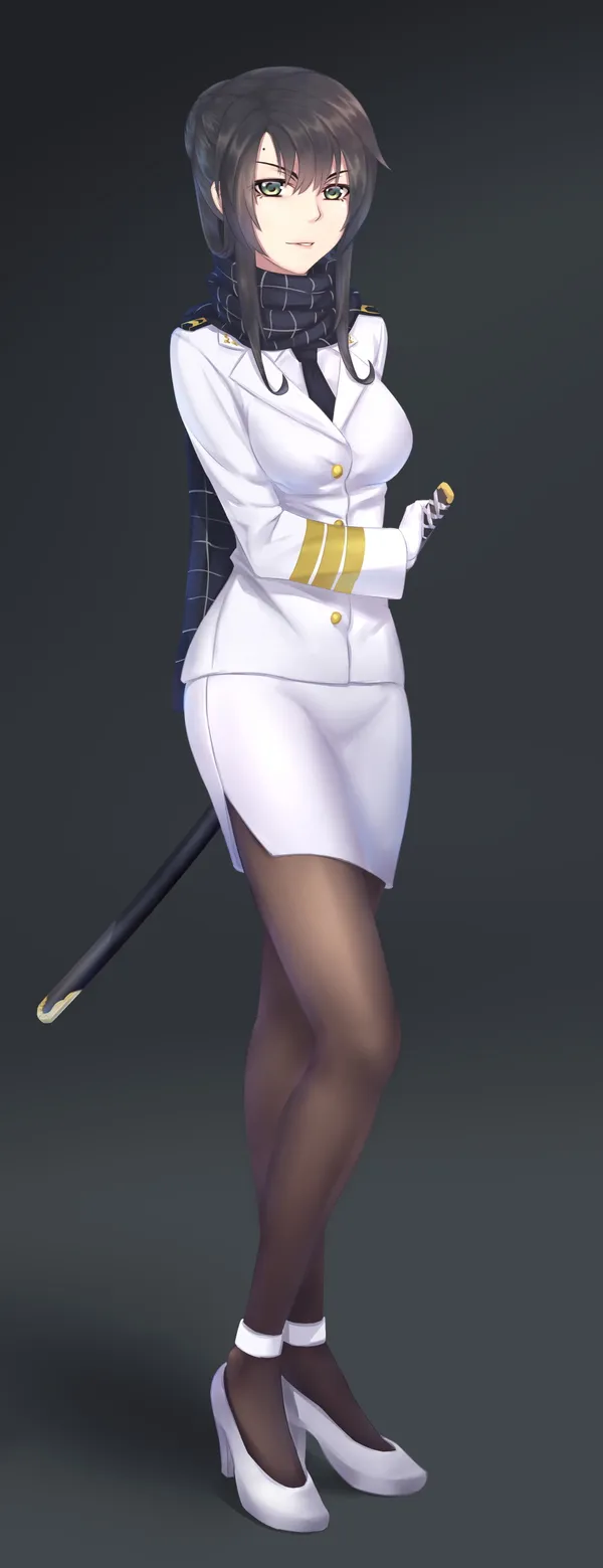 Black-haired anime girl in a white military uniform