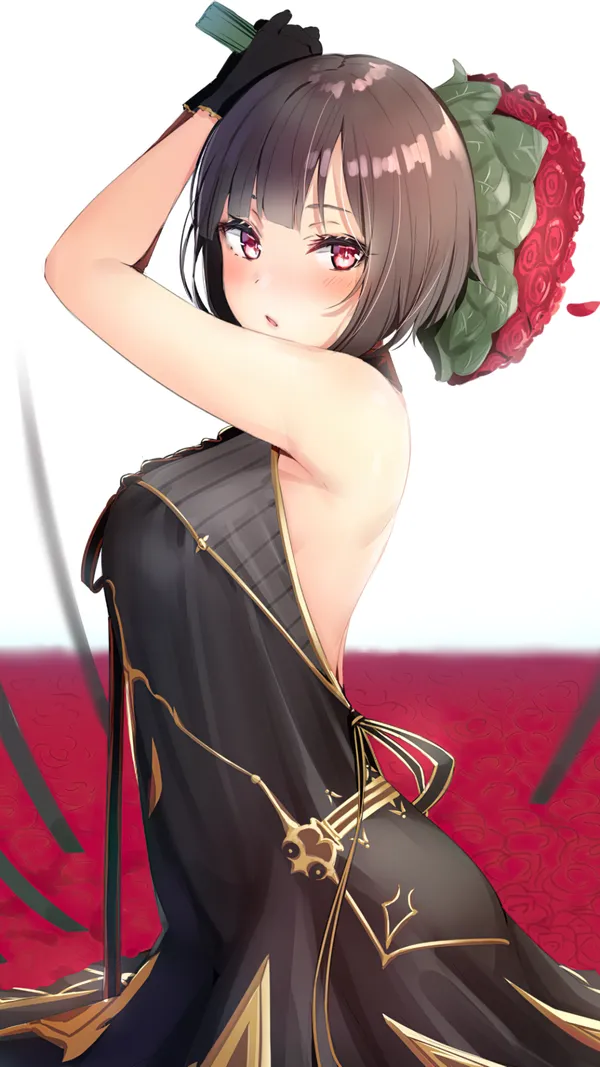 Black-haired anime girl in black dress holding bouquet of red roses