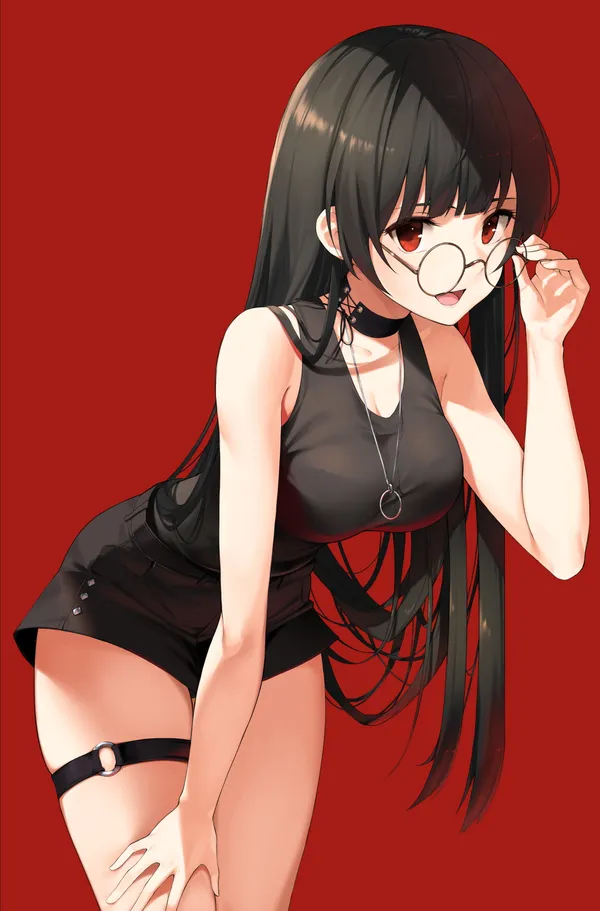 Black-haired anime girl in glasses and black outfit