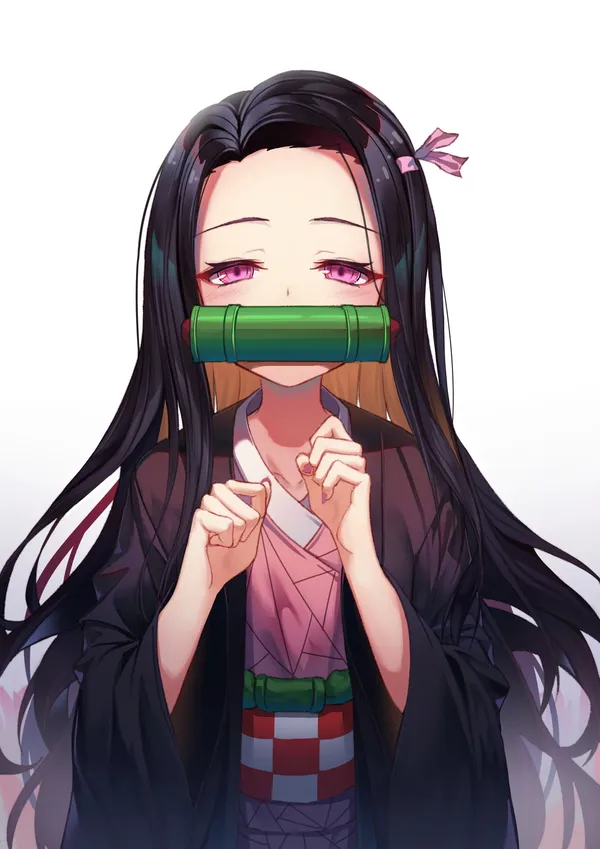 Black-haired anime girl with a bamboo muzzle