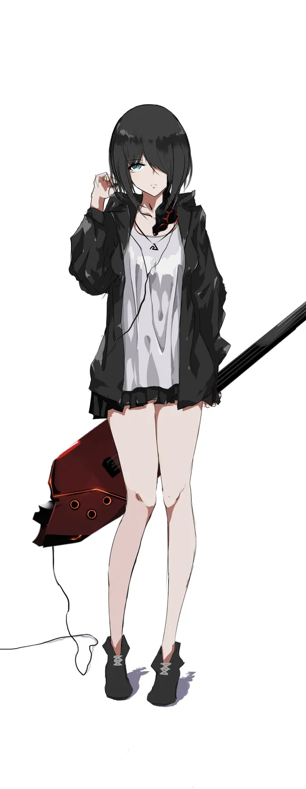 Black-haired anime girl with blue eyes and a red and black guitar