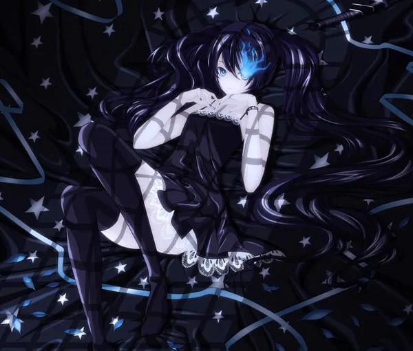 Black haired anime girl with blue eyes and a sword