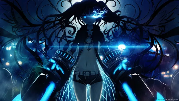 Black-haired anime girl with blue eyes and cybernetic enhancements