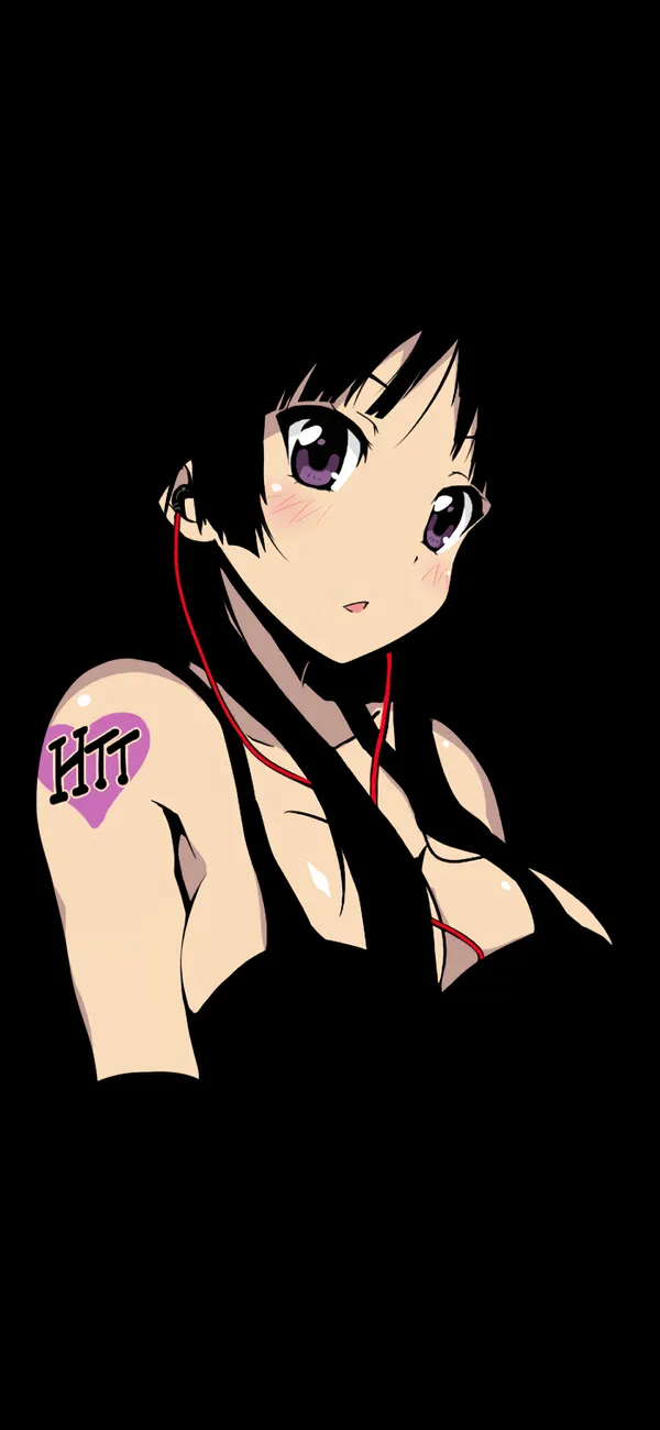 Black-haired anime girl with purple eyes and a heart tattoo on her shoulder