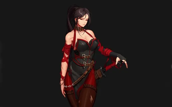 Black-haired anime girl with red and black outfit holding a knife
