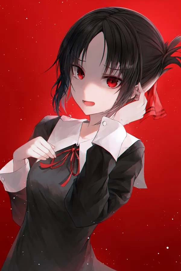 Black-haired anime girl with red eyes and a red bow in her hair