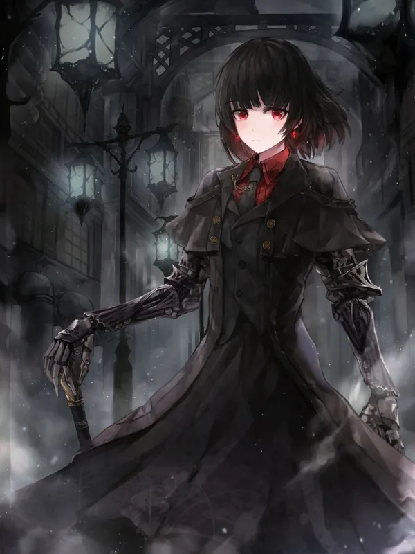 Black-haired anime girl with red eyes and a steampunk style outfit