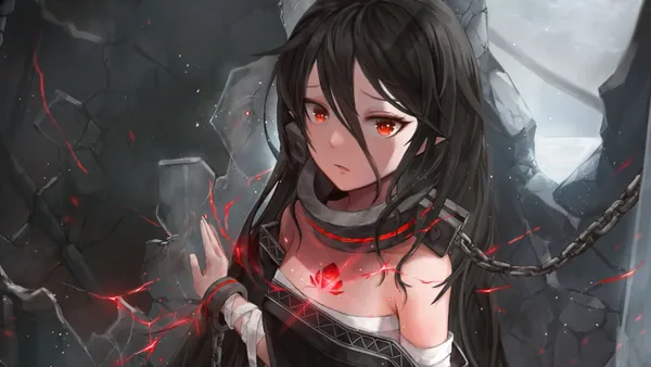 Black-haired anime girl with red eyes in tattered clothes